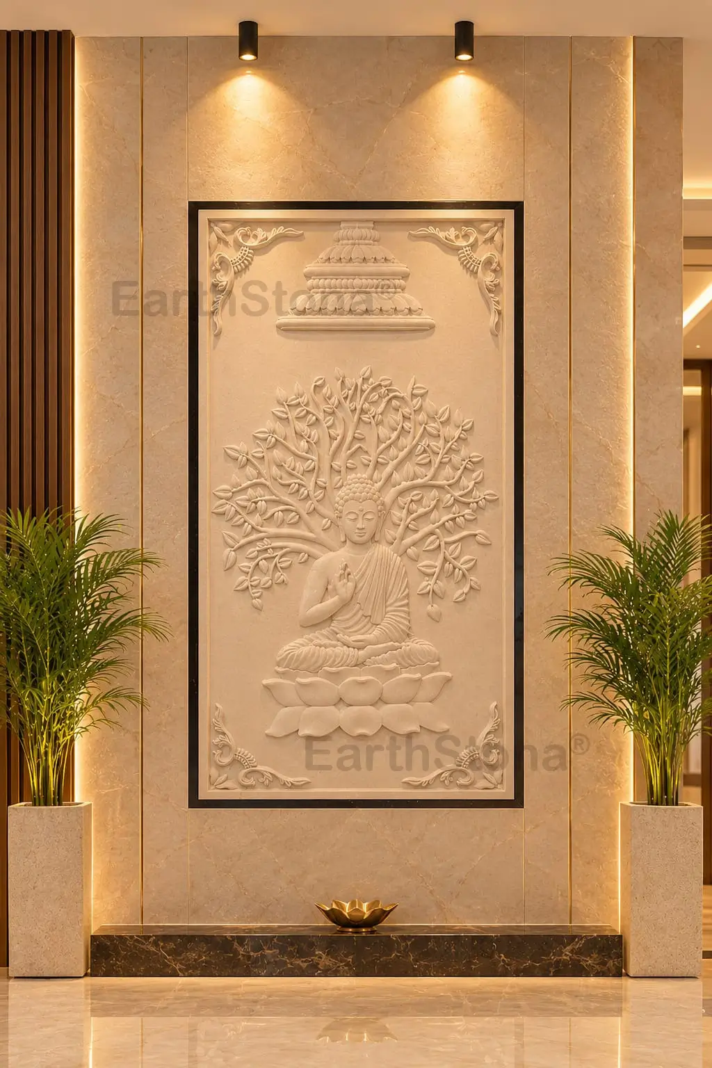 Meditative Lord Buddha sitting under Bodhi Tree on Lotus Base 3D Wall Relief Mural